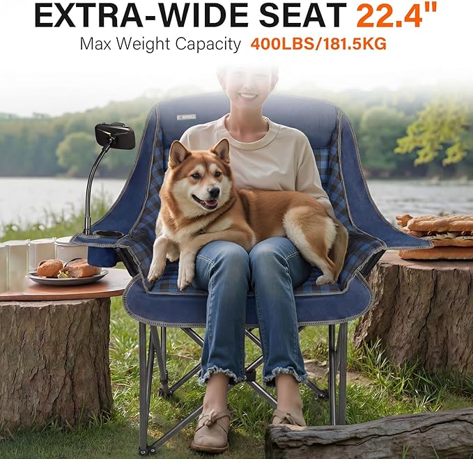 Oversized Camping Chairs for Adults- Heavy Duty Extra Large Lawn Chair,Folding Comfy Padded Camp Chair for Outdoor Sports Garden Beach Fishing,Wide&Thick,Blue Plaid