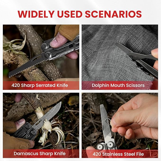 Multitool, 16-in-1 Stainless Steel Multi Tool Pliers with Adjustable Hex Wrench, Damascus Pocket Knife, Nylon Sheath for Survival, Camping and Hunting, Hiking, Simple Repair