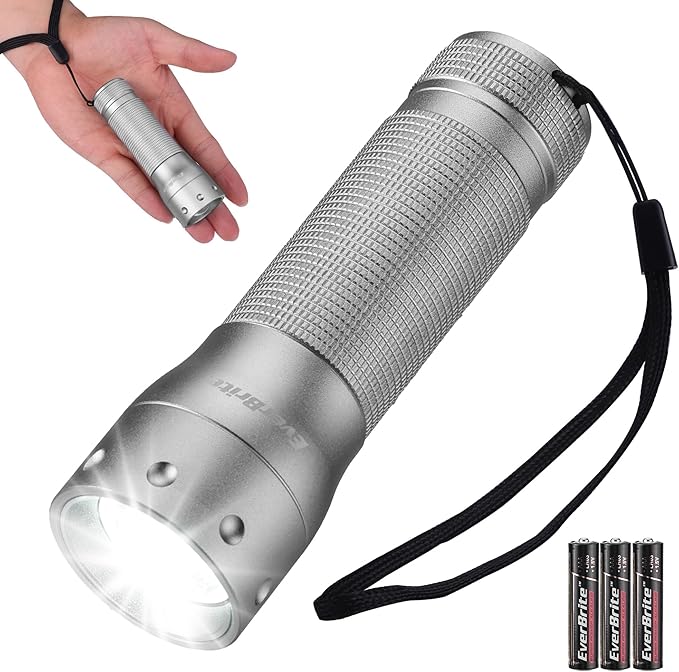 EverBrite Mini Flashlight, Zoomable LED Flash Light, 3 Modes, 3AAA Batteries Included, Handheld Small Flashlight for Camping, Emergency, Home, Christmas Gifts – Grey