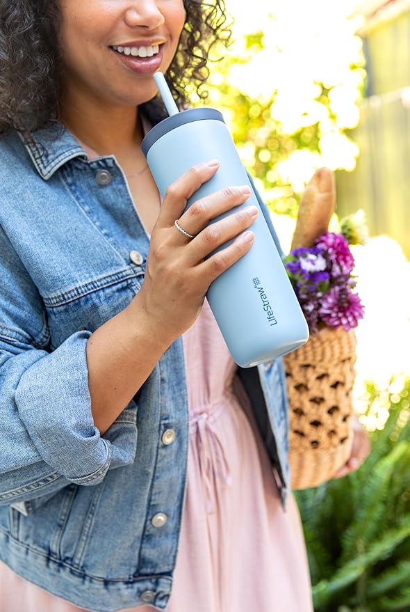 LifeStraw Go Series Tumbler – Double Wall Insulated Stainless Steel Water Filter, Icelandic Blue, Designed for Everyday Use, Removes Bacteria, Parasites, Microplastics, and Improves Taste