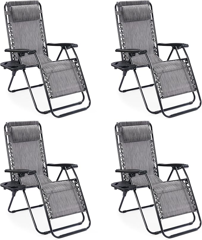 Sweetcrispy Zero Gravity Chairs, Set of 4 Portable Recliner Beach Camping Patio Outdoor Folding Lounge Chair with Cup Holder Trays and Adjustable Pillow for Poolside, Garden, Backyard, Lawn (Grey)