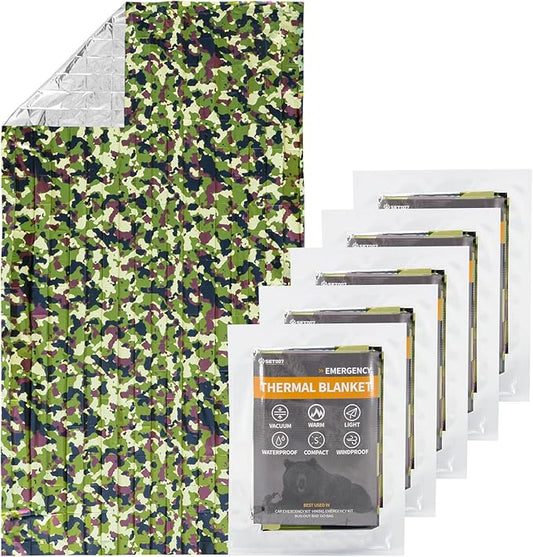 5-Pack Mylar Survival Blanket - 90% Heat Retention, Waterproof, Emergency Blankets for Cold Weather Protection, Durable Space Blankets for Survival Kits, Hiking, Camping, Fishing, Camouflage