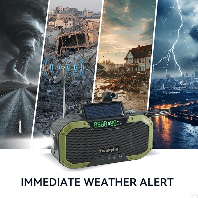 Emergency Radio Waterproof Bluetooth Speaker,Hand-Crank NOAA Weather Radio with Solar Panel,5000mAH Cell Phone Charger,Flashlight,SOS,Outdoor Camping Gear Camping