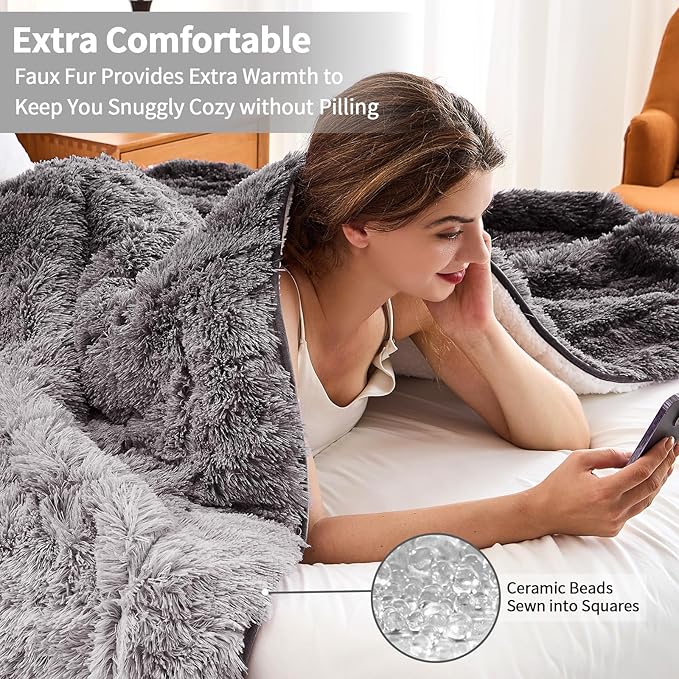 yescool Weighted Blanket for Adults (20 lbs, 60" x 80", Smoke Gray) Heavy Blanket for Sleeping Perfect for 140-160 lbs, Queen Size Faux Fur Blanket with Premium Glass Bead, Machine Washable