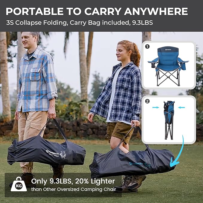 FUNDANGO Oversized Camping Chairs for Adults, Heavy Duty Fold Up Sports Games Lawn Chairs, Extra Wide Big Man Outdoor Chairs with Padded Lumbar Support Backrest, Bag Included for Camp, Beach, 2 Pack