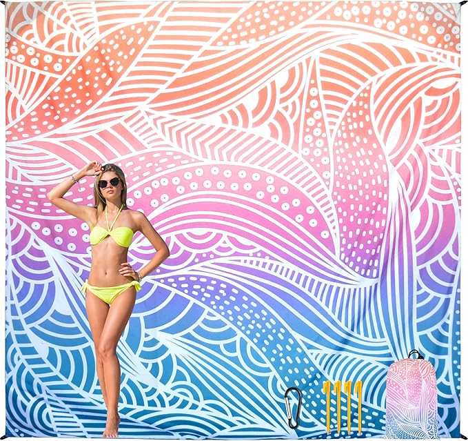 HIHOHO Beach Blanket Waterproof Sandproof Beach Mat for 1-8 Adults Quick Drying Durable Outdoor Picnic Mat for Beach Festival Travel Camping Hiking (Gradiant-Ripple, 79"×108"(6 Person))