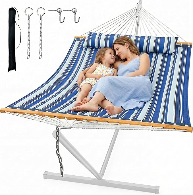 ANAGOO Double Quilted Outdoor Hammock for 2 Adults, 500lb Capacity Backyard & Camping Hammock with Pillow and Bamboo Spreader Bar, Fits 11–15ft Hammock Stands (Stand Not Included),Blue