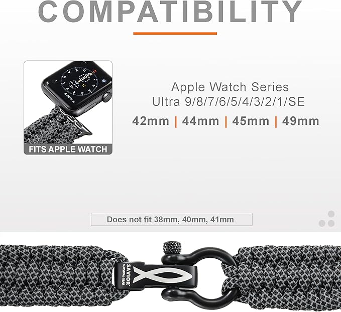 Savior Survival Gear Paracord Watch Band,Compatible with Apple Watch Band 49mm 46mm 45mm 44mm 42mm,iWatch Band Series Ultra 10 9 8 7 6 5 4 3 2 1 SE,Adjustable strap for men (Black Reflective, X-Large)