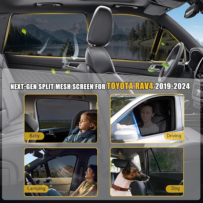 ZATOOTO Car Window Shades for Toyota RAV4 2019-2024, Side Window Covers Split-Front Design with UV Protection, Privacy Breathable Mesh for Ventilation, Dust Protection Perfect for Camping, Baby Safety