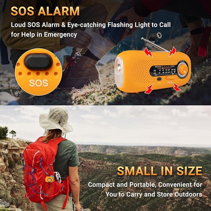 Solar Hand Crank Emergency Radio - 2000mAh Portable Weather Radio with AM/FM/NOAA, 3-Mode Flashlight, SOS Alarm & Cell Phone Charger for Outdoor & Home Use