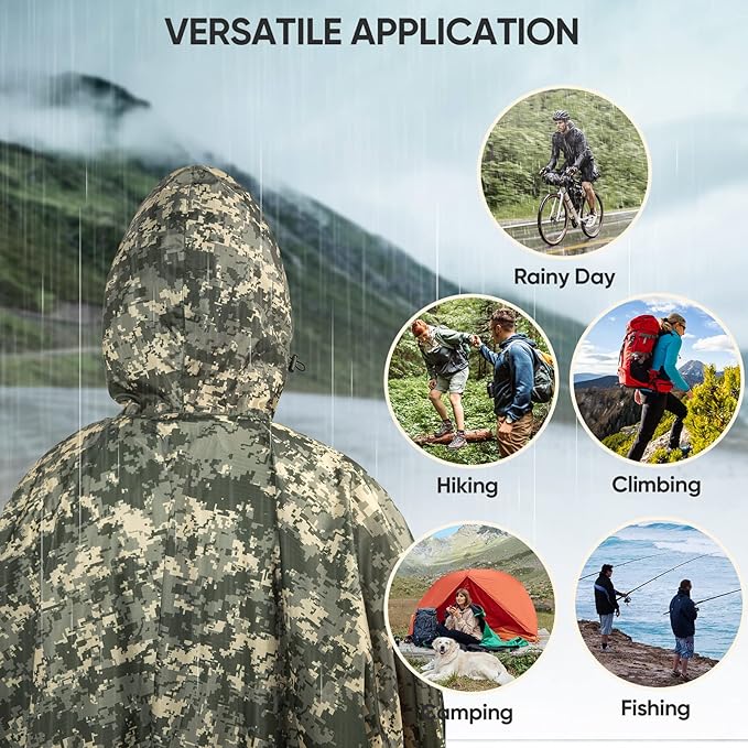 PTEROMY 3-in-1 Hooded Rain Poncho for Adult with Pocket, Waterproof Lightweight Unisex Raincoat for Hiking Camping Emergency