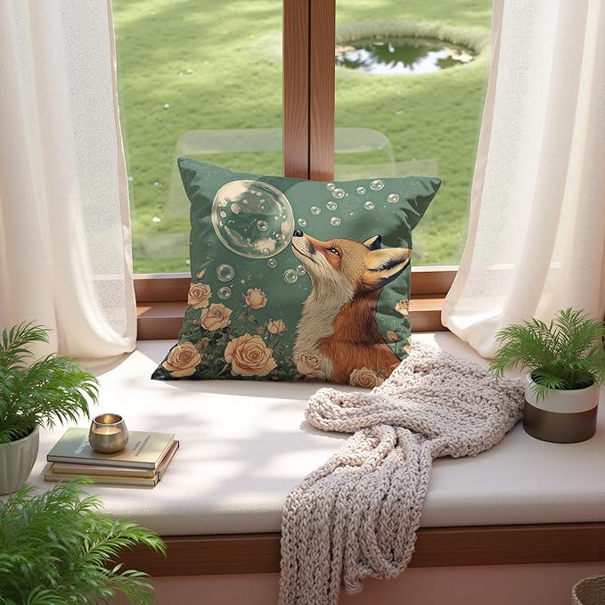 Fantasy Bubble Fox Pillow Cover 18x18, Fox Decor for Home, Boho Whimsical Forest Animal Rose Floral Decorative Throw Pillow Cover for Home Bedroom Living Room Sofa Couch