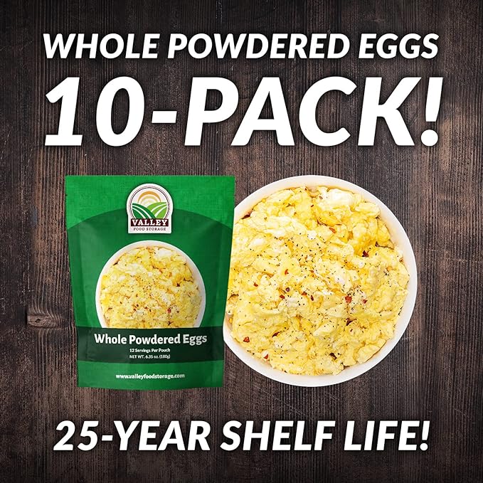 Valley Food Storage Freeze Dried Whole Powdered Eggs | 10-Bag Bucket, 63.5 oz | Premium Emergency Food Supply, 25 Year Shelf Life | Non-GMO Prepper Supplies, Survival Food, Camping & Off-Grid Living