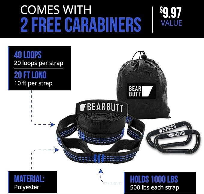 Bear Butt Kodiak Hammock Straps for Trees - 20 Feet Long, 40 Combined Loops - Holds 1000 Pounds - Camping Accessories With Carabiner