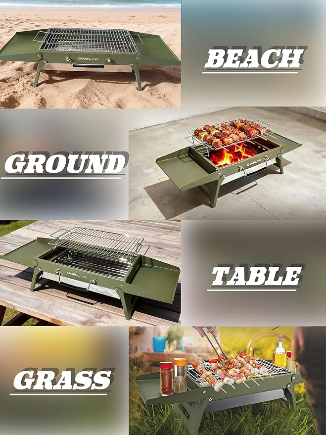 Charmline 15 x 11 inches Portable Charcoal BBQ Grill, Foldable Compact Camping Barbecue for 2–4 People, Ideal for Garden, Beach, Picnic & Tabletop Use, Green