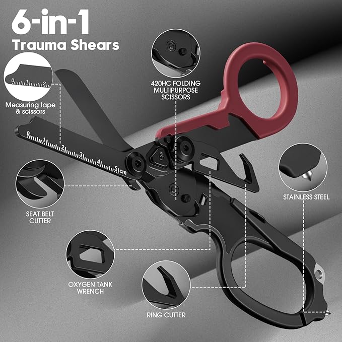 6-in-1 Heavy-Duty Emergency,trauma shears, Folding Retractable Emergency Shears, Outdoor Camping Tools, Seat Belt Cutter, Complimentary Adjustable Wrench (Electroplated black and red)