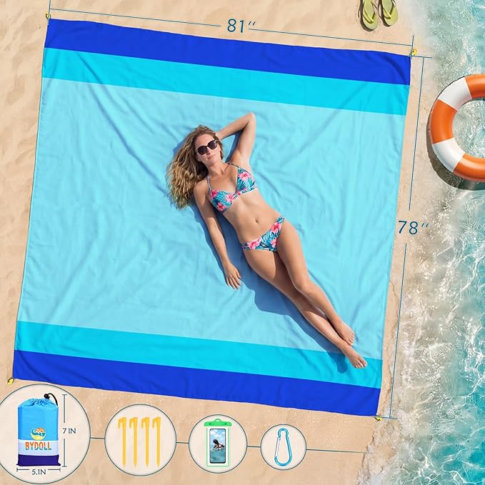 BYDOLL Beach Blanket Waterproof Sandproof Large Sand Free, 78''X81'' Oversized Sandless Lightweight Blanket Picnic Mat for Beach Travel Camping Hiking with Stakes