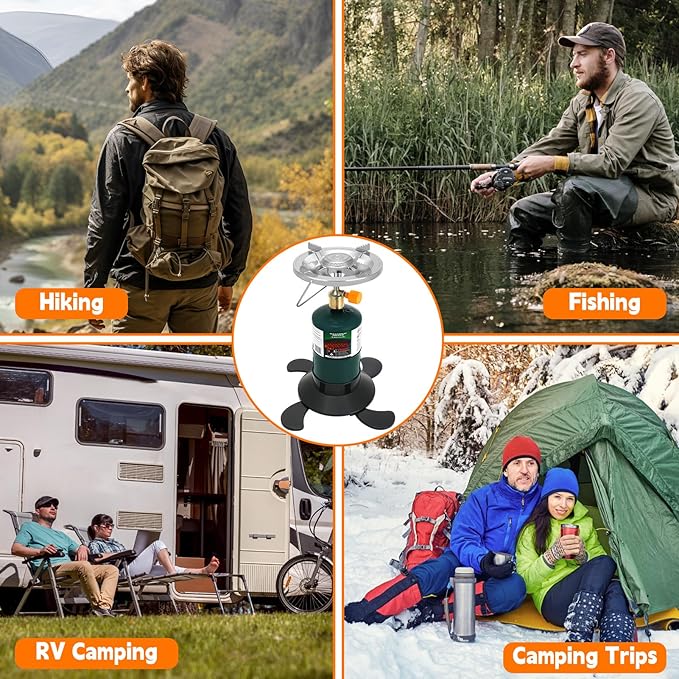 Camping Stove Propane, Portable Backpacking Cooker with Single Burner, Adjustable Flame, Foldable Base, Camp Stove Kit for Outdoor Cooking, Hiking, Emergency Essential (Fuel not Included)