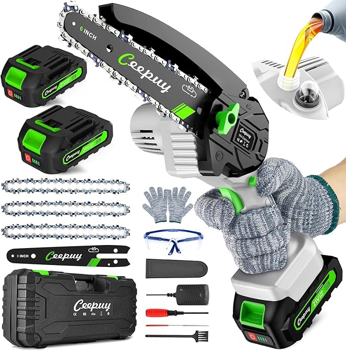 CEEPUY Mini Chainsaw Cordless,6 Inch Portable Electric Chainsaw with Automatic Oiler/Security Lock/Battery Powered Small Handheld Saw for Trees Branches Trimming,Wood Cutting, Gifts for Men Women