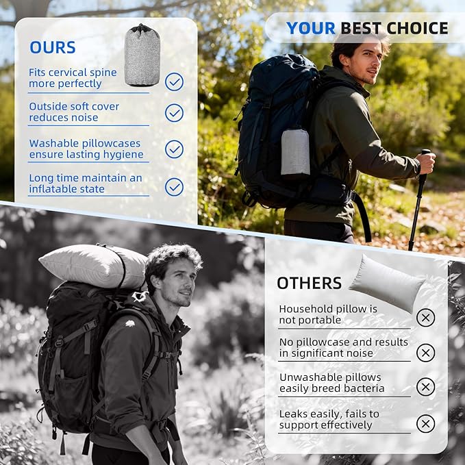 aiGear Inflatable Camping Pillow, Ultralight Compact Air Pillow Ergonomic Neck & Lumbar Support Portable Inflatable Pillow with Removable Washable Cover for Travel Backpacking Hiking (Black)