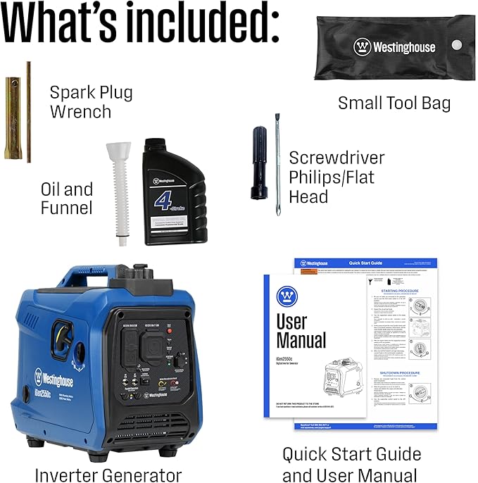 Westinghouse 2550 Peak Watt Super Quiet & Lightweight Portable Inverter Generator, RV Ready 30A Outlet, Gas Powered, CO Sensor, Parallel Capable, Long Run Time,Blue