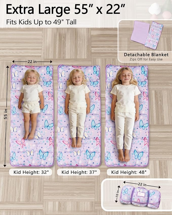 Primlect Toddler Nap Mat Extra Large Thickened 55''x35'', Soft Sleeping Bag with Detachable Minky Blanket and Pillow, Portable for Daycare, Preschool, Kindergarten, Travel, Boys and Girls