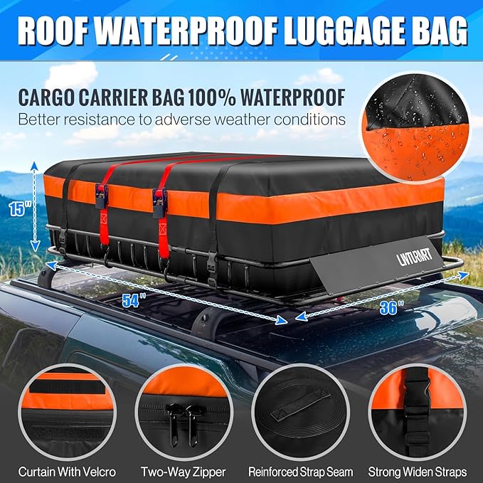 LWTURMRT Heavy Duty 54"X36"Roof Rack Cargo Basket Universal Rooftop Cargo Carrier with Waterproof Cargo Bag 18 Cubic Feet (54"X34"X17") Cargo Net