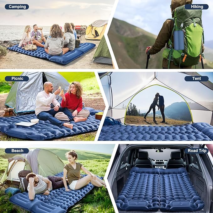 Camping Sleeping Pad | Ultra Lightweight & Compact | Ergonomic Camping Mattress for Indoor & Outdoor Use | Portable Sleeping Mat with Built-in Foot Pump & Pillow for Camping, Hiking, Travel & Guests
