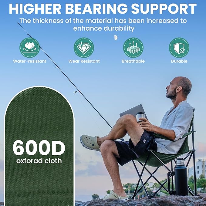 2 Pack Folding Camping Chairs for Adults, Foldable Portable Beach Chairs with Carry Bag & Cup Holder, Compact Design for Camping, Beach, Picnics, and Fishing Supports 300LBS（Dark Green）