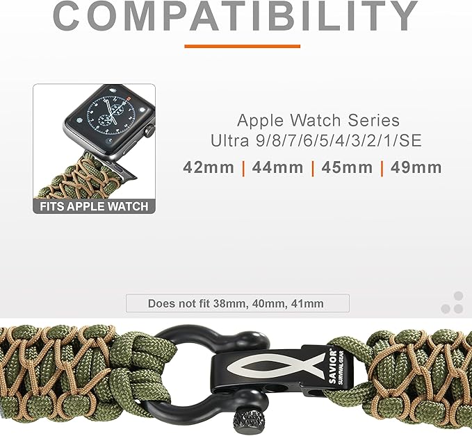 Savior Survival Gear Paracord Watch Band, Compatible with Apple Watch Band 49mm 46mm 45mm 44mm 42mm - iWatch Band Series Ultra 10 9 8 7 6 5 4 3 2 1 SE – Adjustable strap for men (Green - Khaki, Large)