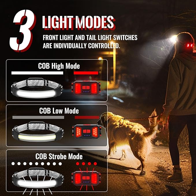 Adelante LED Headlamp Flashlight, 1000LM 230Wide-Beam USB Rechargeable Head Light with Taillight(Individual Control) & 8 Clips Waterproof Headlight Headlamps for Running and Camping (2 Pack, Black)