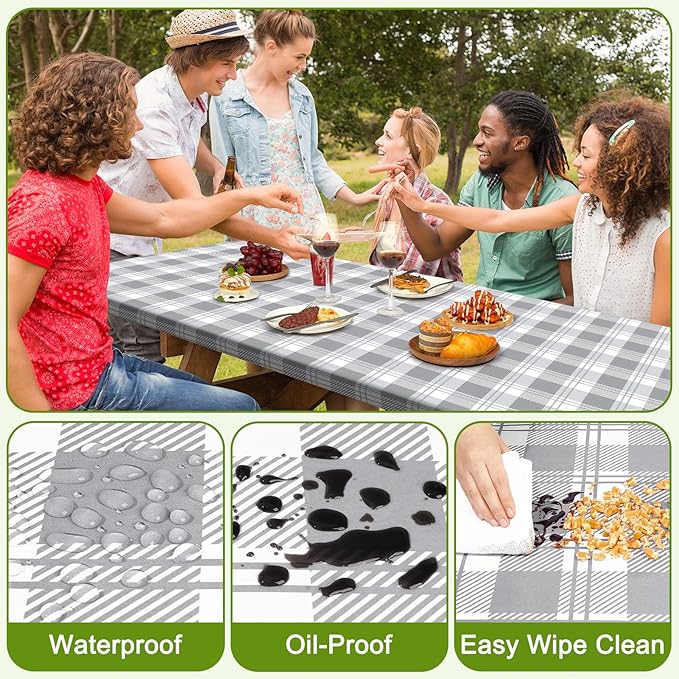 Picnic Table Cover with Bench Covers Portable Table Cloth Built-in Storage Pocket Fitted Tablecloth with Elastic Edges Waterproof Camping Essentials for Indoor Outdoor Rv,72in,Light Grey