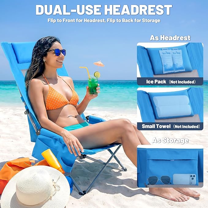 Youtanic High Back Beach Camping Chair 2 Pack, Extra Wide Folding Outdoor Chair with Cooler Bag, Breathable Mesh & Dual-Use Pillow, Portable Lounge Seat for Adults, Sand, Sports, Picnic, Blue
