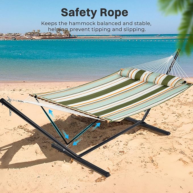 SUPERJARE Hammock with Stand, 2 Person Quilted Outdoor Hammock, Detachable Pillow & Bamboo Spreaders, Portable Hammock with Carrying Bag, Heavy Duty Stand, Perfect for Outside, Patio, Retro Green