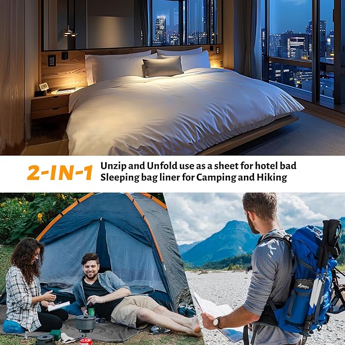 Lightweight Sleeping Bag Liner, Travel Sheets and Adults Sleep Sack, 220 x 95cm with Full Lockable Zipper and Travel Buckle - Portable & Easy Care, Idea for Backpacking, Camping, Hotels, and Trips