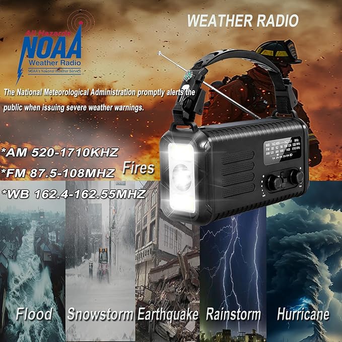 Emergency Hand Crank Radio, NOAA Weather Radio, 20000mAh Rechargeable Solar AM/FM Radio, Portable USB-C Fast Charger, Flashlight, Reading Lamp SOS Alarm for Hurricane Storm Camping Hiking (Black)