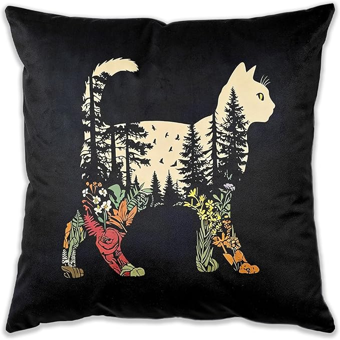 Boho Forest Cat Pillow Cover 18x18, Cat Lover Mom Lady Gifts, Nature Forest Tree Wildflower Floral Kitty Decorative Throw Pillow Cover for Home Bedroom Living Room Sofa Couch