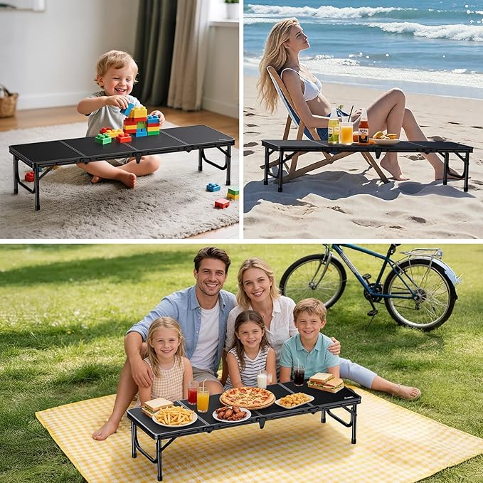 Anbte 4ft Low Folding Picnic Table, Thicker Aluminum Small Camping Table with Storage Bag, Portable Handle, Lightweight, for Camping Beach Party Picnic Floor, 45.67" x 15.7" x 10.3", Black