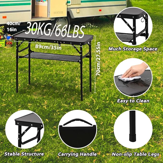 YihuiKo Folding Picnic Table with Storage Net, Matte Black Aluminum Folding Table 35" x 16", Adjustable Height Max 27.5", Lightweight Portable for Camping Travel Grill Indoor