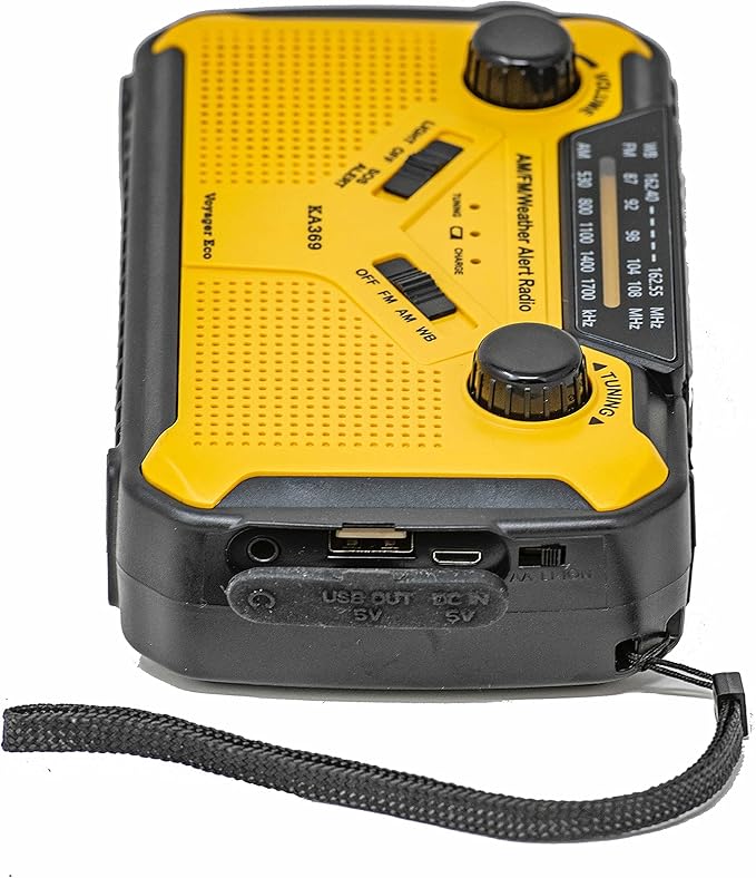 Kaito Voyager ECO Emergency Radio KA369 AM/FM NOAA Weather Alert 5-Way Powered Solar Crank Radio Receiver with LED Flashlight and USB Mobile Phone Charger Yellow