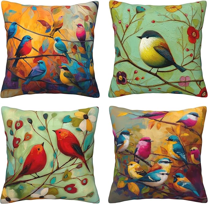 Bird Throw Pillow Covers 18 X 18 Inch Set of 4 Decorative Cushion Cover Home Decor for Sofa Chair Couch Bedroom Living Room