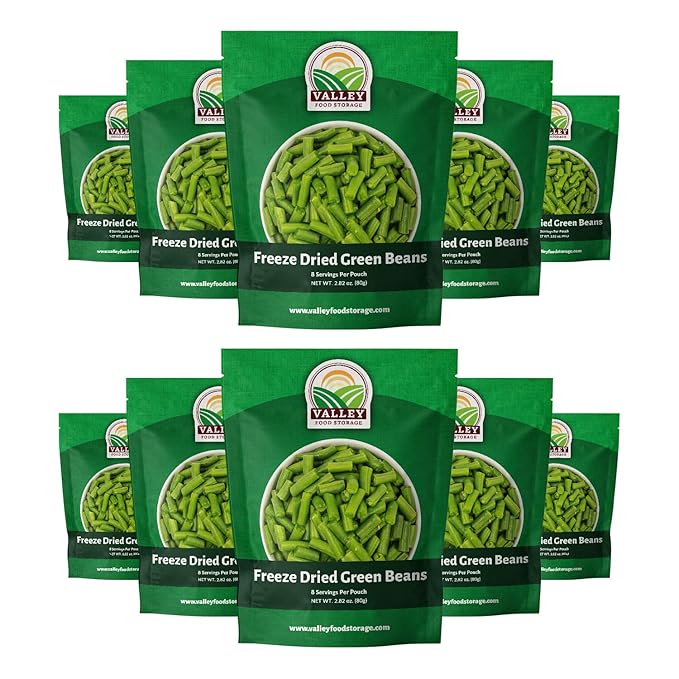 Valley Food Storage Freeze Dried Green Beans | 10-Bag Bucket, 28.2 oz | Premium Emergency Food Supply, 25 Year Shelf Life | Non-GMO Prepper Food for Camping, Cooking & Long-Term Storage, Packaged in USA