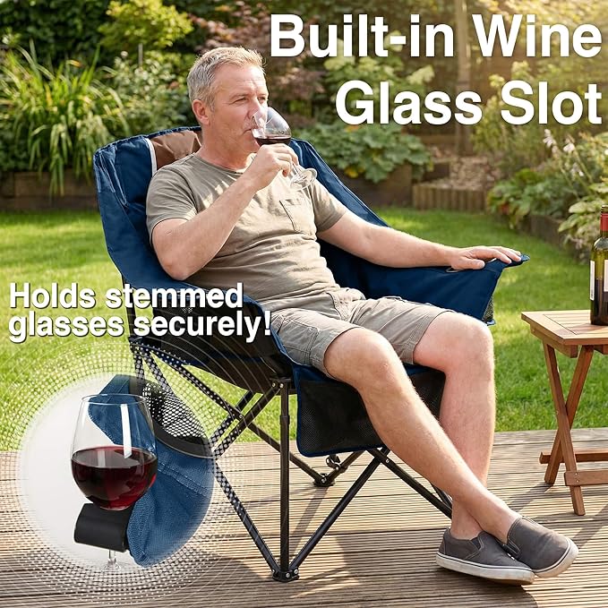 Oversized Camping Chair for Adults - Heavy Duty 400 lbs Padded Folding Chair with Wine Glass Holder, 2 Cup Holders & Side Pockets, Portable Carry Bag for RV, Tailgating, Lawn