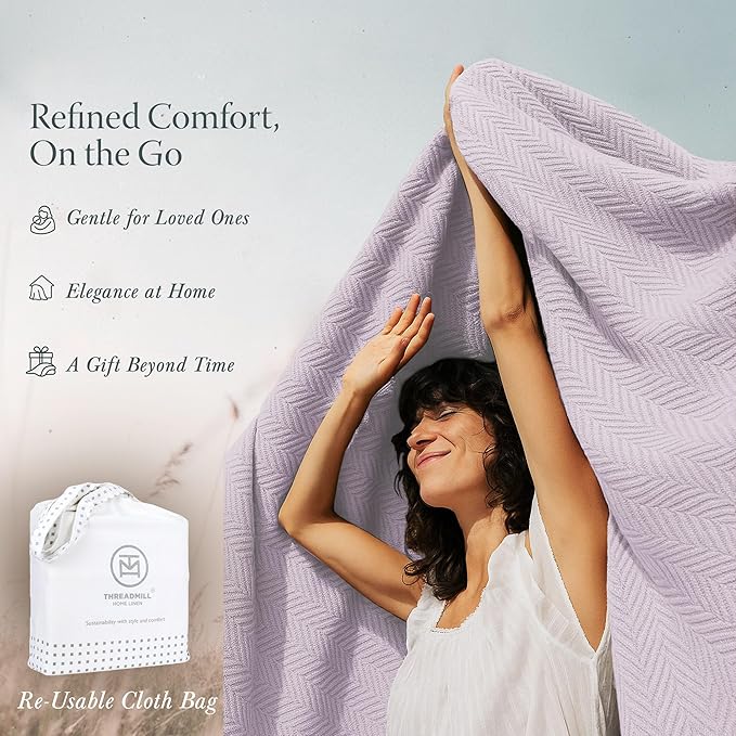 Threadmill Luxury Cotton Blankets for Queen Size Bed | All-Season 100% Cotton Queen Size Blanket | Herringbone Cozy, Soft Breathable Fall Thermal Blanket fits Full Size Bed, 90x92 | Lilac