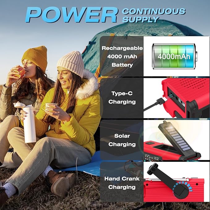 NITIGO Emergency Weather Radio NOAA AM FM WB with 4000mAh Rechargeable Radio, USB Solar Hand Crank Charging, Flashlight, SOS Alarm, Reading Lamp Portable for Outdoor Indoor Emergencies, 2 Pack