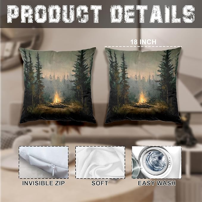 Vintage Forest Campfire Pillow Covers 18x18 Set of 2, Moody Pine Tree Camping Decor, Rustic Woodland Campsite Decorative Throw Pillow Covers for Home Bedroom Living Room,Camper Lover Gifts