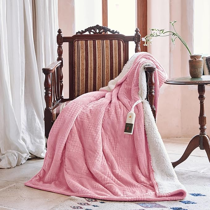 Texciting Heated Blanket Electric Blanket Throw 50”X60”-Heating Throw with 9 Heat Settings-10 Hours Auto Off,ETL Certified,Machine Washable (Light Pink)