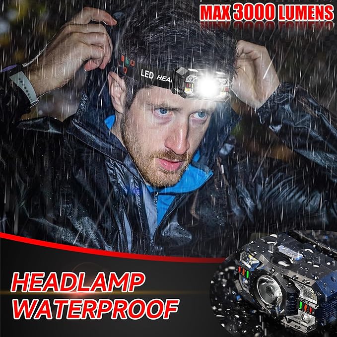 Headlamp Rechargeable 2Pack, 3000 Lumen Ultra-Light Bright Headlamp Flashlight with White Red Light, LED Headlight, 5+5 Mode for Outdoor Camping Fishing Running Hiking