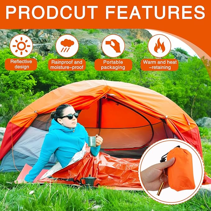 Emergency Sleeping Bags for Survival with Carabiner, 84"X36" Outdoor PE Orange Emergency Sleeping Bag, Ideal for Sudden Snowstorm During Camping, Providing Warmth to Survivors in Disaster Area
