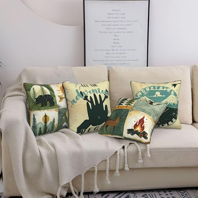 Best Gifts Set of 4 Throw Pillow Cover Bear Adventure Mountains Arrow Campfire Outdoor Forest Trees Let's Go Camping Travel Cushion Case Double-Sided Plush Decorative Pillowcase 18"X18" (Green 4)